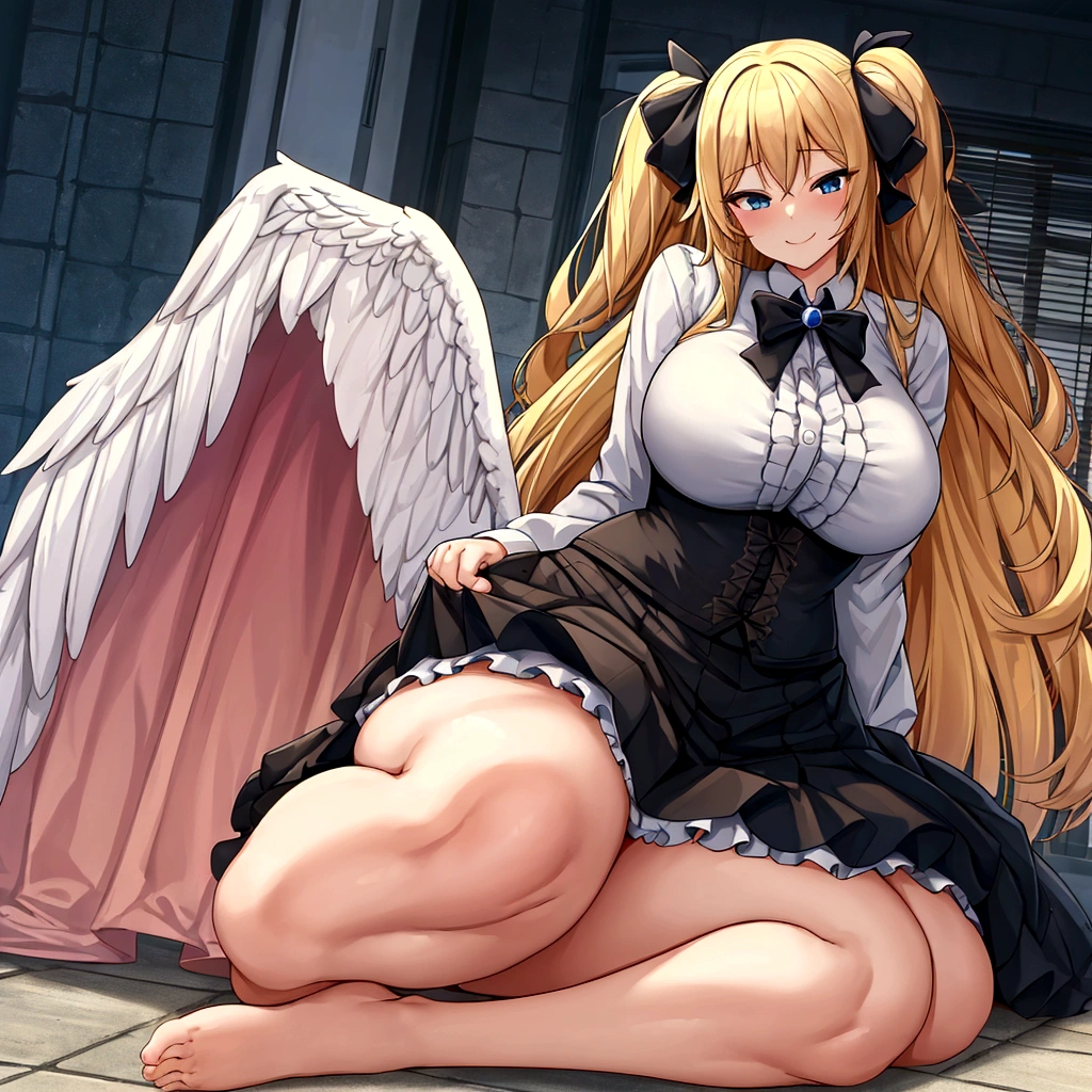 wariza,sitting,{full body},looking down,from below,{upskirt},dynamic angle, dynamic cut,naughty smile,macrophilia,{white wings},{angel},{bbw}{very muscle},{very curvy},{gigantic breasts},{very tall woman},{very big woman},{gigantic woman},{long legs},{two side up},blonde hair,barefoot,cute dress shirt frills ribbon split corset skirt,best quality,1 girl,solo,