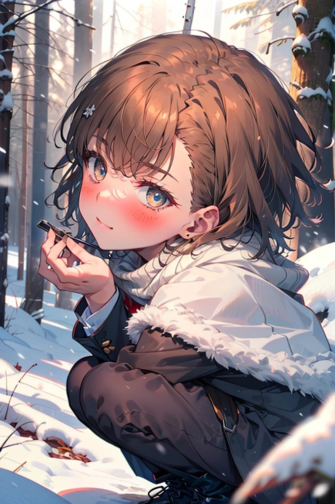 Mycotrose, Brown eyes,Brown Hair,short hair,smile,blush,White Breath,
Open your mouth,snow,Ground bonfire, Outdoor, boots, snowing, From the side, wood, suitcase, Cape, Blurred, Increase your meals, forest, White handbag, nature,  Squat, Mouth closed, フードed Cape, winter, Written boundary depth, Black shoes, red Cape break looking at viewer, Upper Body, whole body, break Outdoor, forest, nature, break (masterpiece:1.2), Highest quality, High resolution, unity 8k wallpaper, (shape:0.8), (Beautiful and beautiful eyes:1.6), Highly detailed face, Perfect lighting, Extremely detailed CG, (Perfect hands, Perfect Anatomy),