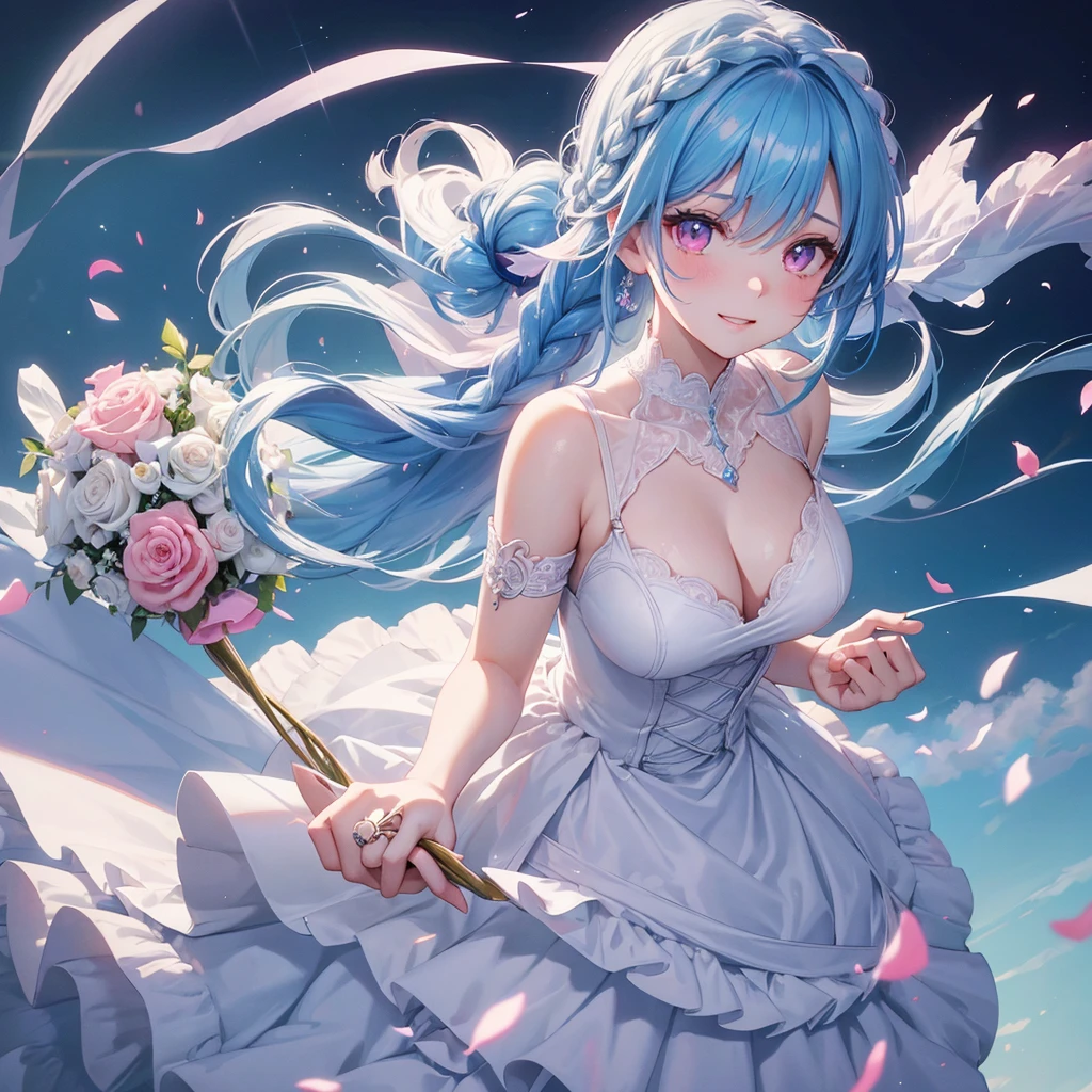 Sky blue hair, (Braided Ponytail),(Pink Eyes),Fair skin ,(whole body),(One girl),bride,A big smile,Straight bangs, 6月のbride,Wedding dress,(masterpiece, Highest quality, Very detailed, Best Shadow), (Detailed Background), (Beautifully detailed face), High Contrast, (Best lighting, Very delicate and beautiful), ((Cinematic Light)), colorful, Hyper Detail, Dramatic Light, Intricate details,Chapel background,Bouquet of roses,Ring on left ring finger,