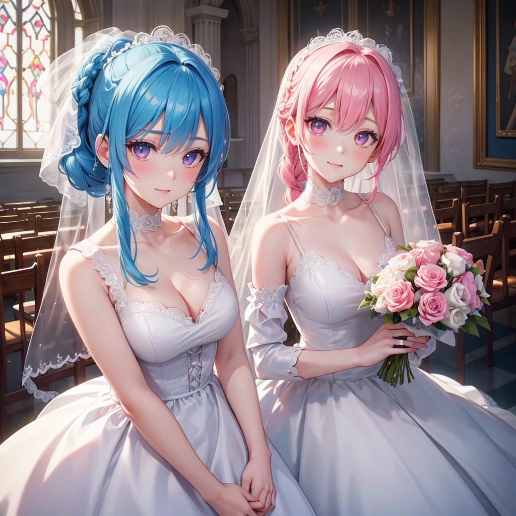 Sky blue hair, (Braided Ponytail),(Pink Eyes),Fair skin ,(whole body),(One girl),bride,A big smile,Straight bangs, 6月のbride,Wedding dress,(masterpiece, Highest quality, Very detailed, Best Shadow), (Detailed Background), (Beautifully detailed face), High Contrast, (Best lighting, Very delicate and beautiful), ((Cinematic Light)), colorful, Hyper Detail, Dramatic Light, Intricate details,Chapel background,Bouquet of roses,Ring on left ring finger,