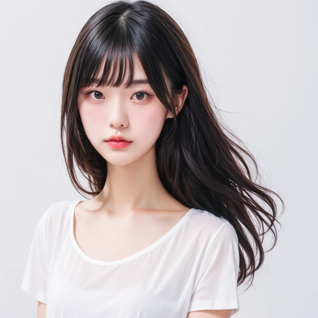 woman, body hairstyle, long style, bob length, soft curl, integrated into face line bangs, black hair, Nikon Z7 II Mirrorless Camera, 120mm F/4 wide-angle lens, best quality, masterpiece, ultra detailed, cowboy shot, flowing, 3dmm, ink sketch, color ink, ink rendering, octane render, pastels, rice paper, clear face, full hairstyle, white background, only show face and neck, white t-shirtface centered, passport photo style
