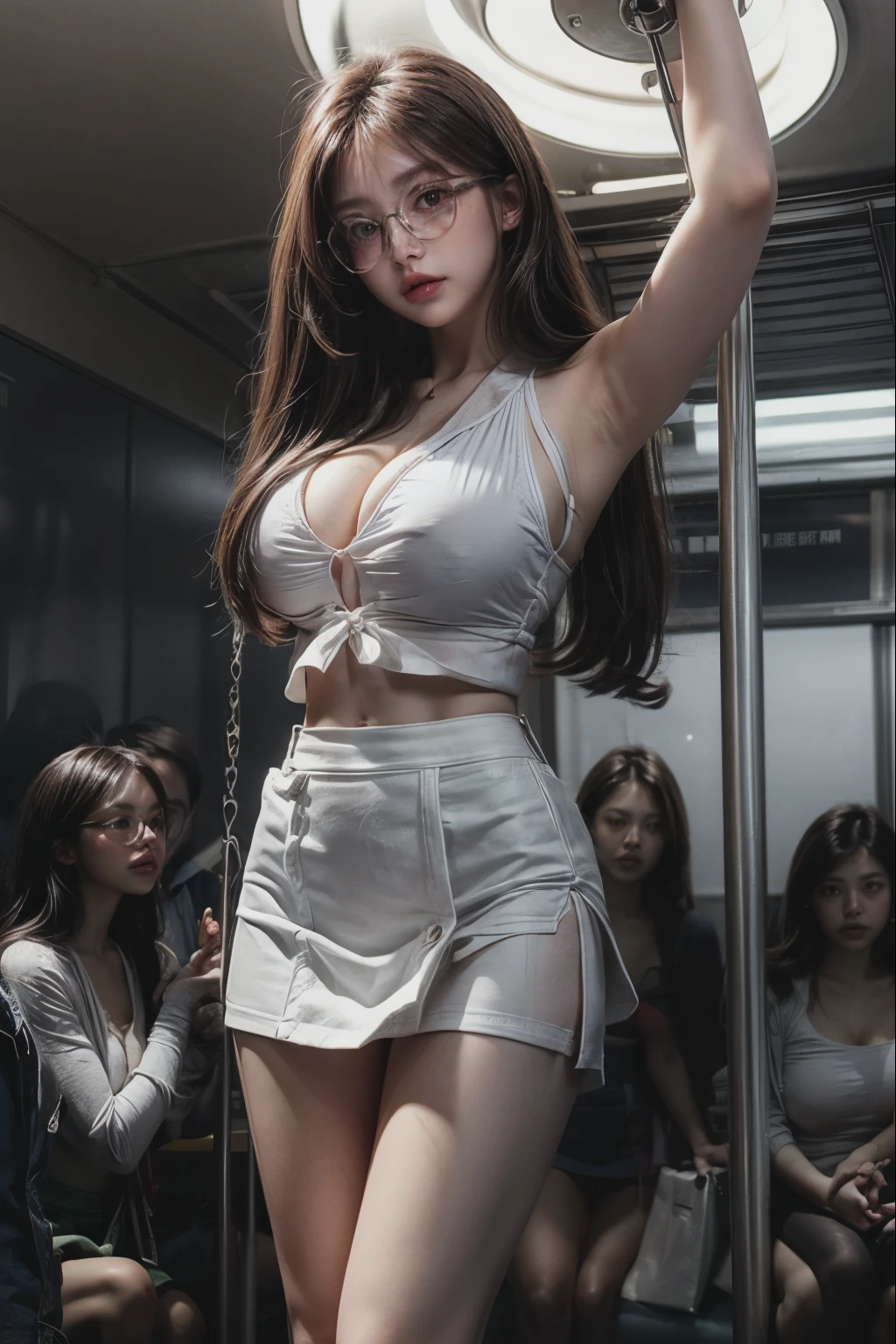 Crowded train, Sexy girl in glasses, Sexy muscular woman hugging her from behind、talk in your ear, Lift her up, A white miniskirt swaying upwards, 40k, photograph, masterpiece, Highest quality, Dark Gray Background, (One Girl、With legs apart), (Two Girls、Excited), ((Large Breasts))、Fully open feet, (A sexy mini skirt that swings in circles: 1.3), (White open shirt: 1.3), A high school girl leans on her from behind、Holding her up, Mr.々A pose.