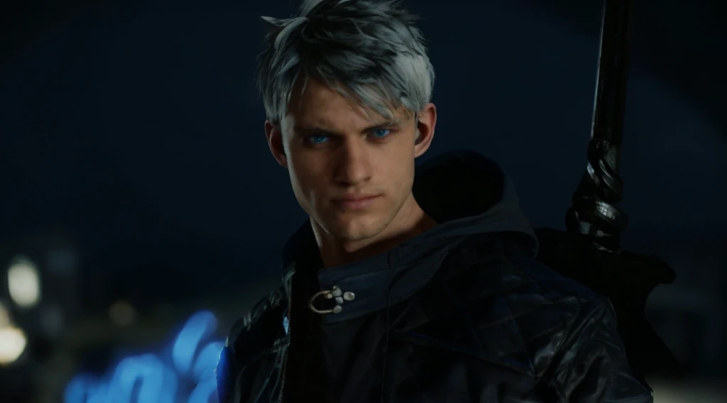 Man, black/white hair, blue eye, black jaket