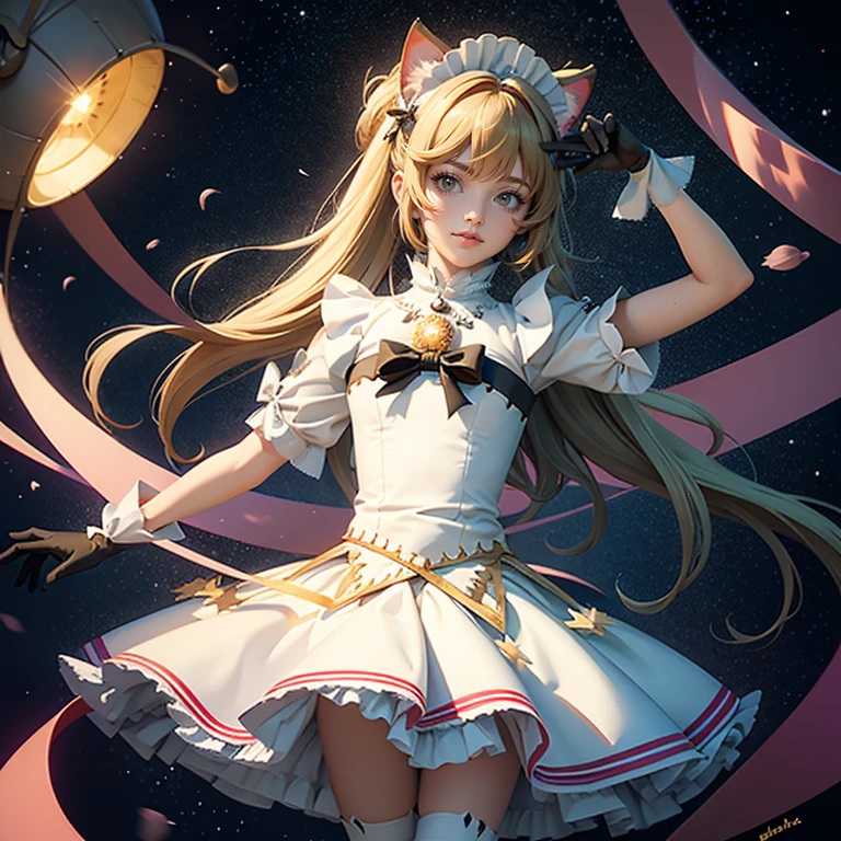 (Extreme Detail CG Unity 8K wallpaper, masterpiece, highest quality), (exquisite lighting and shadow, highly dramatic picture, Cinematic lens effect), (Sailor Moon: 1.1), charming smile, double tails, blue eyes, blonde hair, tight top, white gloves, mini skirt, looking back, dynamic pose), the background is the universe (excellent detail, excellent lighting, wide angle), (excellent rendering, enough to stand out in its class),