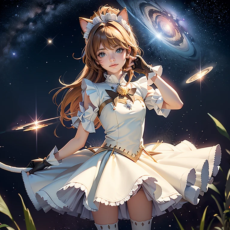 1girl, white maid dress, jewelry, green hair, flowing hair, long hair, maid dress with a short skirt and layers, white laces, white boots, white dress with transparency, gold details on her clothes, cat ears, animal ears, more details, perfectly body, perfectly hands, two hands, two legs, two arms, five fingers, glowing hair, best quality, cat ears, animal ears, tail ornament, tail bow, white gloves, two cat tail, white gloves, alone, maid headdress, choker, detached sleeves, maid dress, maid white dress, strapless, masterpeice, best quality, detailed face, night, mobius (honkai impact), honkai (series), honkai impact 3rd, asymmetrical gloves, bangs, white short skirt , white gloves, white boots, earrings, elbow gloves, fishnet thighhighs, fishmasterpeice, solo, best quality, detailed face, gloves, green eyes, green hair, hair between eyes, jewelry, long hair, looking at viewer, single earring, sky, sleeveless, solo, thigh boots, thighhighs, tongue, tongue out, uneven gloves, cat ears, animal ears, cat tail, , solo, alone, Looking at the viewer, More details on the clothes, magenta roses on her hair, space scenery, maid, maid dress, magenta details, magenta roses, maid headdress, maid apron, wave hair, long hair, seat on the Saturn rings, bats details on her clothes, more details on her clothes, gold details on her clothes, space, smiling, standing her hand to a viewer, looking at the viewer, in the background a several asteroids glowing with fiery auras, Dramatic lighting from distant stars and planets illuminates the scene, looking at the vast and mysterious universe, cowboy shot, upper body portrait, more details, sparkle,
