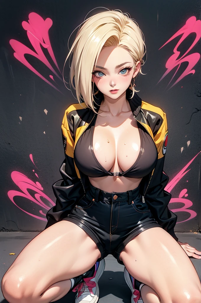 alone, Pale skin, Oily skin, Makes skin glow, pretty girl, wide thighs, Tight waist,   Big Breasts, Shorts,  Unbuttoned jacket, (Underbust),  Astral Graffiti, Graffiti wall, sneakers , Random Position、Android 18 from Dragon Ball