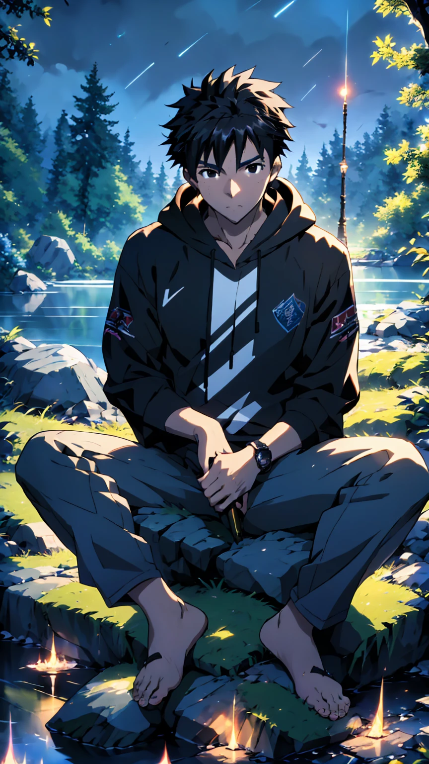 ((Highest quality)), ((masterpiece)), (detailed), Highest quality、High resolution、８K、A plain black hoodie、One adult male、33 years old、Sharp black eyes、Slightly permed black hair、Japanese anime-like style、超High resolutionかわいい萌えアニメ8k、handsome face manly、Slender and muscular、barefoot、sitting on a stone、Spread your legs、night、Forest landscape、lake、darkness、Surrounded by lots of fireflieoonlight