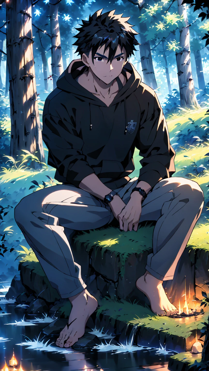 ((Highest quality)), ((masterpiece)), (detailed), Highest quality、High resolution、８K、A plain black hoodie、One adult male、33 years old、Sharp black eyes、Slightly permed black hair、Japanese anime-like style、超High resolutionかわいい萌えアニメ8k、handsome face manly、Slender and muscular、barefoot、sitting on a stone、Spread your legs、night、Forest landscape、lake、darkness、Surrounded by lots of fireflieoonlight