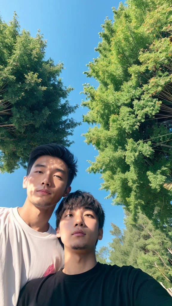 This photo appears to be a selfie of two people. The person on the left is a men wearing a black t-shirt with a white logo on it. The person on the right is a girl wearing a white t-shirt with a blue and pink design on it and she putting her right hand into the shoulder of another person. The background consists of a grassy field and trees. The sky is blue and there are power lines in the background