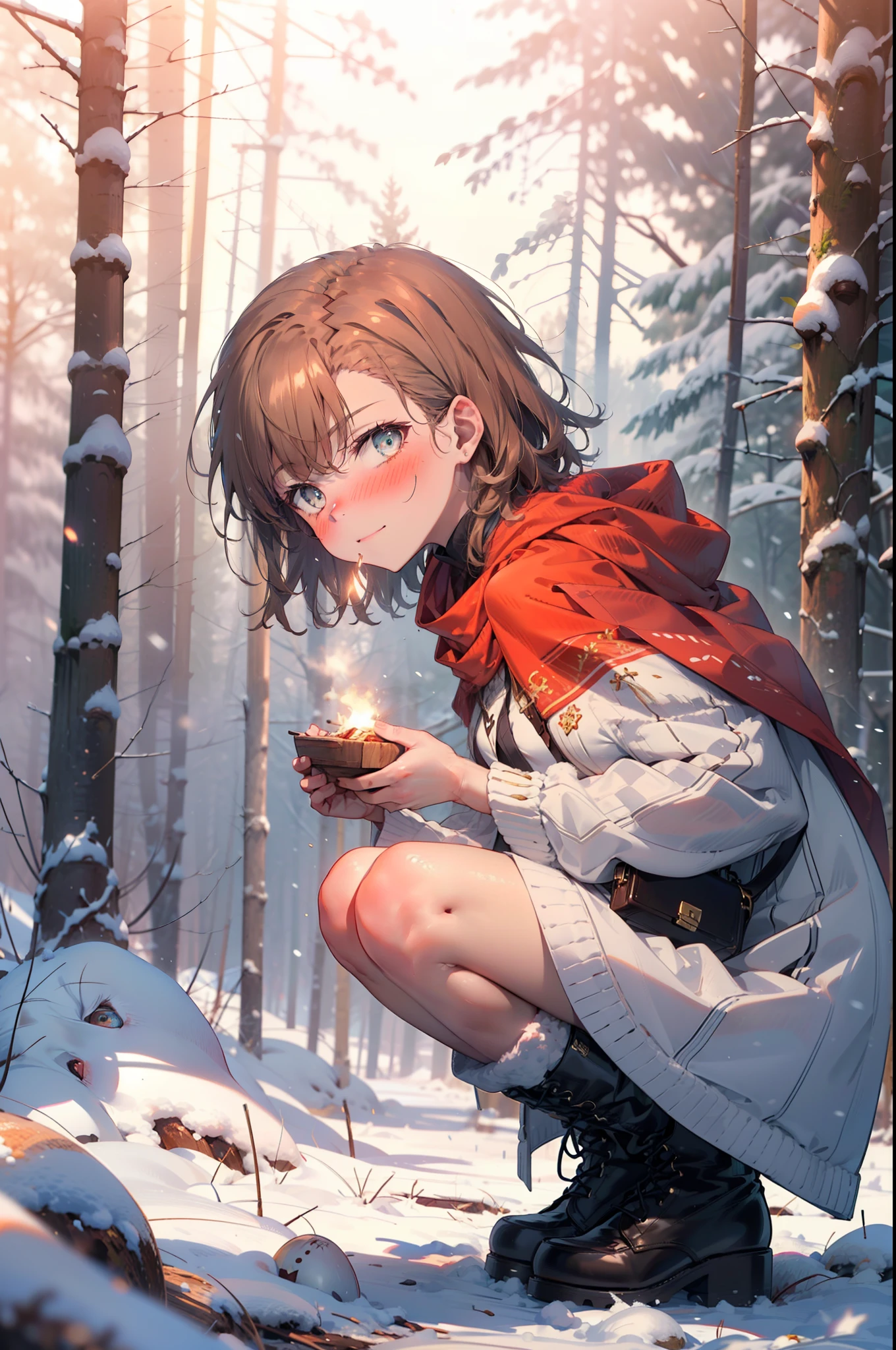 Mycotrose, Brown eyes,Brown Hair,short hair,smile,blush,White Breath,
Open your mouth,snow,Ground bonfire, Outdoor, boots, snowing, From the side, wood, suitcase, Cape, Blurred, Increase your meals, forest, White handbag, nature,  Squat, Mouth closed, フードed Cape, winter, Written boundary depth, Black shoes, red Cape break looking at viewer, Upper Body, whole body, break Outdoor, forest, nature, break (masterpiece:1.2), Highest quality, High resolution, unity 8k wallpaper, (shape:0.8), (Beautiful and beautiful eyes:1.6), Highly detailed face, Perfect lighting, Extremely detailed CG, (Perfect hands, Perfect Anatomy),