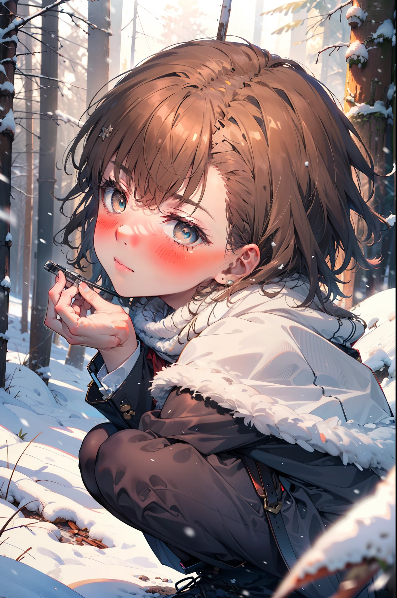Mycotrose, Brown eyes,Brown Hair,short hair,smile,blush,White Breath,
Open your mouth,snow,Ground bonfire, Outdoor, boots, snowing, From the side, wood, suitcase, Cape, Blurred, Increase your meals, forest, White handbag, nature, Squat, Mouth closed, フードed Cape, winter, Written boundary depth, Black shoes, red Cape break looking at viewer, Upper Body, whole body, break Outdoor, forest, nature, break (masterpiece:1.2), Highest quality, High resolution, unity 8k wallpaper, (shape:0.8), (Beautiful and beautiful eyes:1.6), Highly detailed face, Perfect lighting, Extremely detailed CG, (Perfect hands, Perfect Anatomy),