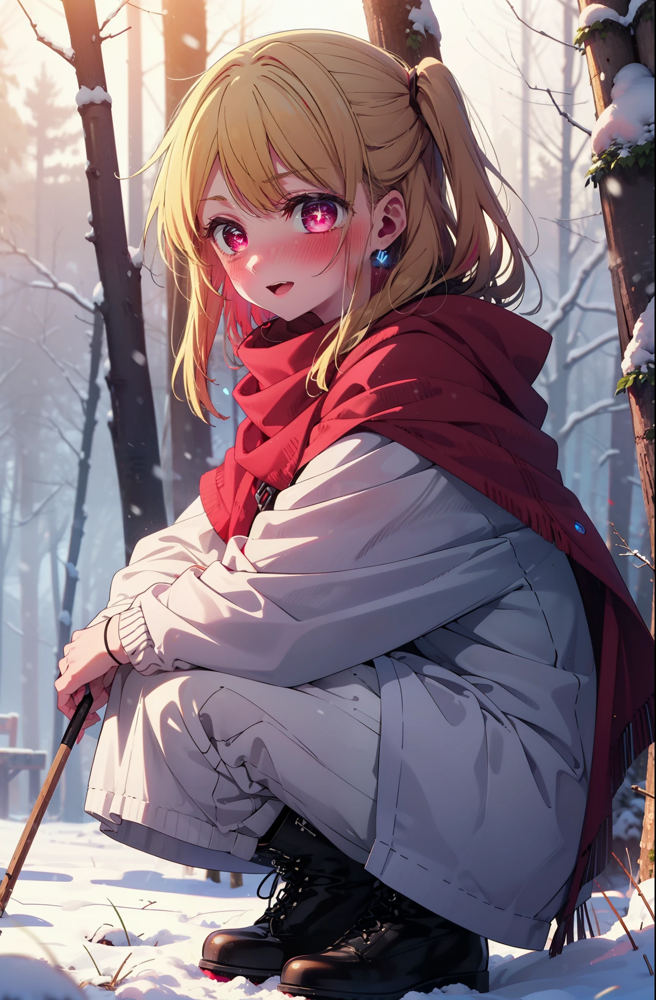 rubyhoshino, Hoshino Ruby, Long Hair, bangs, Blonde, (Pink Eyes:1.3), (Symbol-shaped pupil:1.5), Multicolored Hair, Two-tone hair, smile,blush,White Breath,
Open your mouth,snow,Ground bonfire, Outdoor, boots, snowing, From the side, wood, suitcase, Cape, Blurred, , forest, White handbag, nature, Squat, Mouth closed, Cape, winter, Written boundary depth, Black shoes, red Cape break looking at viewer, Upper Body, whole body, break Outdoor, forest, nature, break (masterpiece:1.2), Highest quality, High resolution, unity 8k wallpaper, (shape:0.8), (Beautiful and beautiful eyes:1.6), Highly detailed face, Perfect lighting, Highly detailed CG, (Perfect hands, Perfect Anatomy),