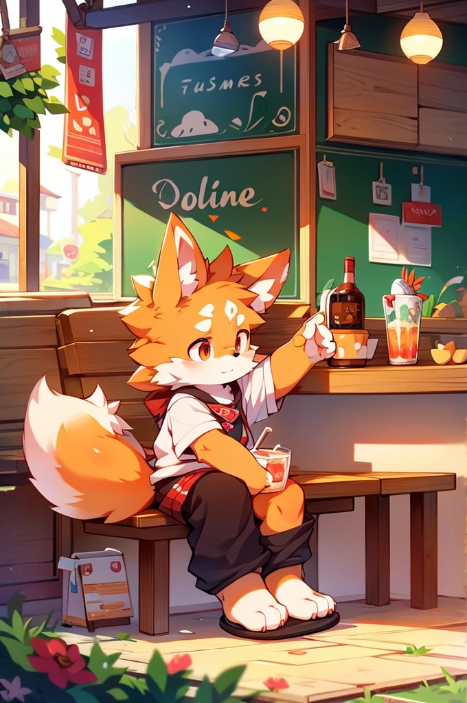 Furry,Fox,boy,8k resolution,Highest quality, Street style clothing,Knitted hat,I have a drink in my hand