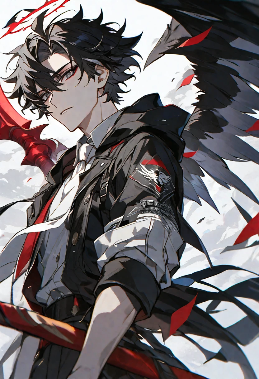 solo, handsome, 1 male, short hair, black hair and white color hair, pale eyes, white shirt, white tie, black hooded, black wings, red halo, red scythe