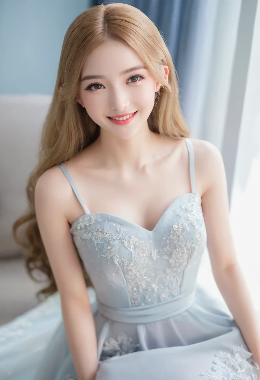 （（Leila、18-year-old））、（（Ukrainian woman））、1 person、（Thin contours:1.3）、（Grey Eyes:2.0）、（Realistic bust size 90cm:1.3）、（Narrow waist）、（White and translucent skin）、（Natural light blonde medium long hair:1.3）8-head-tall model style、Long dress、Waist-down angle、smile