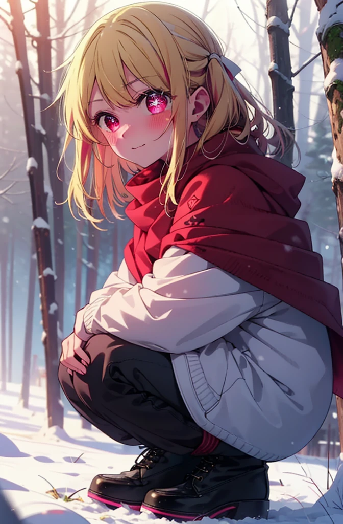 rubyhoshino, Hoshino Ruby, Long Hair, bangs, Blonde, (Pink Eyes:1.3), (Symbol-shaped pupil:1.5), Multicolored Hair, Two-tone hair, smile,blush,White Breath,
Open your mouth,snow,Ground bonfire, Outdoor, boots, snowing, From the side, wood, suitcase, Cape, Blurred, , forest, White handbag, nature,  Squat, Mouth closed, Cape, winter, Written boundary depth, Black shoes, red Cape break looking at viewer, Upper Body, whole body, break Outdoor, forest, nature, break (masterpiece:1.2), Highest quality, High resolution, unity 8k wallpaper, (shape:0.8), (Beautiful and beautiful eyes:1.6), Highly detailed face, Perfect lighting, Highly detailed CG, (Perfect hands, Perfect Anatomy),