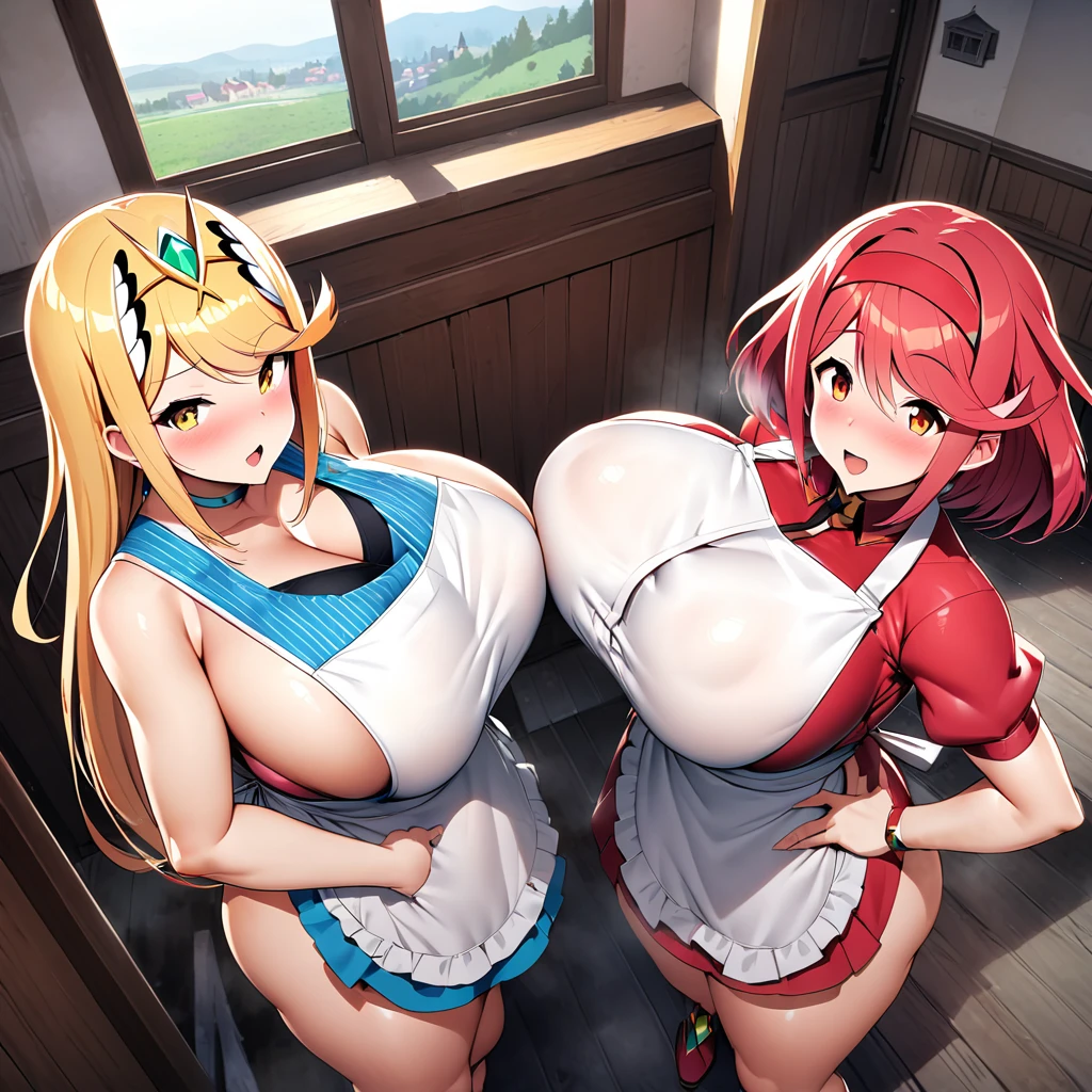 Pyra,mythra,apron,Females in heat,blush,open mouth,gigantic huge breasts,looking at viewer,Taken from the viewpoint above,upturned eyes,near,standing up,Lined up,house,in room,SFW