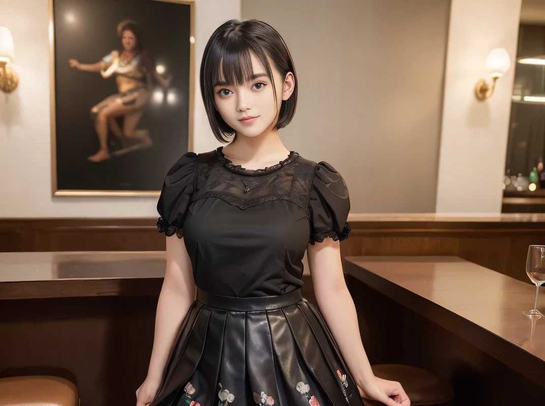 (Highest quality, masterpiece, Ultra-high resolution, 8K, RAW Photos, Realistic, Anatomically correct:1.5), 20-year-old girl:1.2, Embarrassing, avert your eyes, blush:1.0, View Viewer, ((Bar Lounge)) 、Night view、 Light:1.2, Bokeh, Cinema Lighting:1.0, Depth of written boundary, sharp、 Cute face、Idol、Black short sleeve lace top、Black pleated skirt、Black clothing、”dwarf”、(Floral clothes)、(Full Body Shot)、Side angle、Cowboy Shot、 smile、(Ultra short hair)、(Short bob cut)、(Straight bangs)、((See-through))、(( One Girl))、Large Breasts、