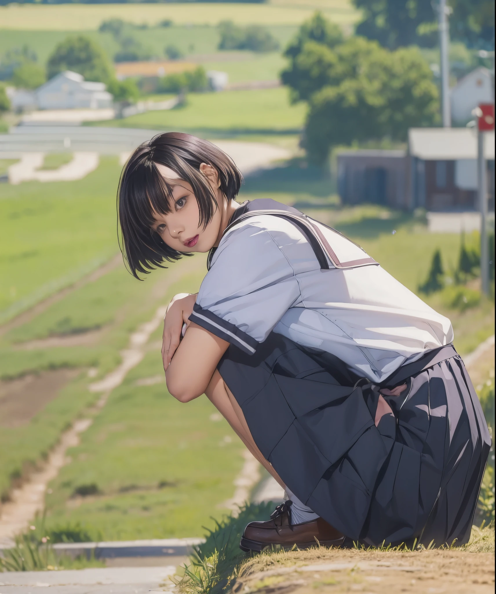 Elaizaikedareal, (masterpiece), 1 girl, short hair, black hair, black eyes, 27 years old, medium breasts,