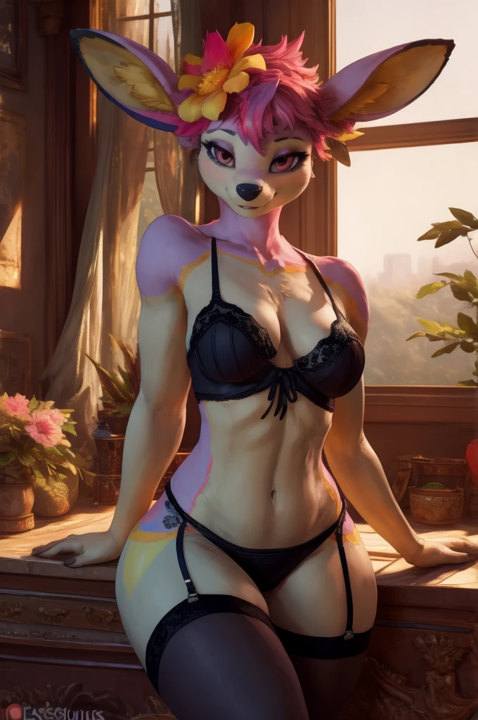 uploaded on e621, explicit content, 3d, cutesexyrobutts, hioshiru, female, solo, deerling, head flower, bedroom setting, (large breasts, natural breasts, breast sag:0.5), three-quarter portrait, sexy pose, seductive, flirting, sexy lingerie, sexy stockings