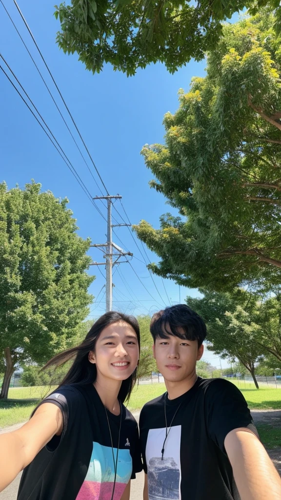 This photo appears to be a selfie of two people. The person on the left is a men wearing a black t-shirt with a white logo on it. The person on the right is a girl wearing a white t-shirt with a blue and pink design on it and she putting her right hand into the shoulder of another person. The background consists of a grassy field and trees. The sky is blue and there are power lines in the background