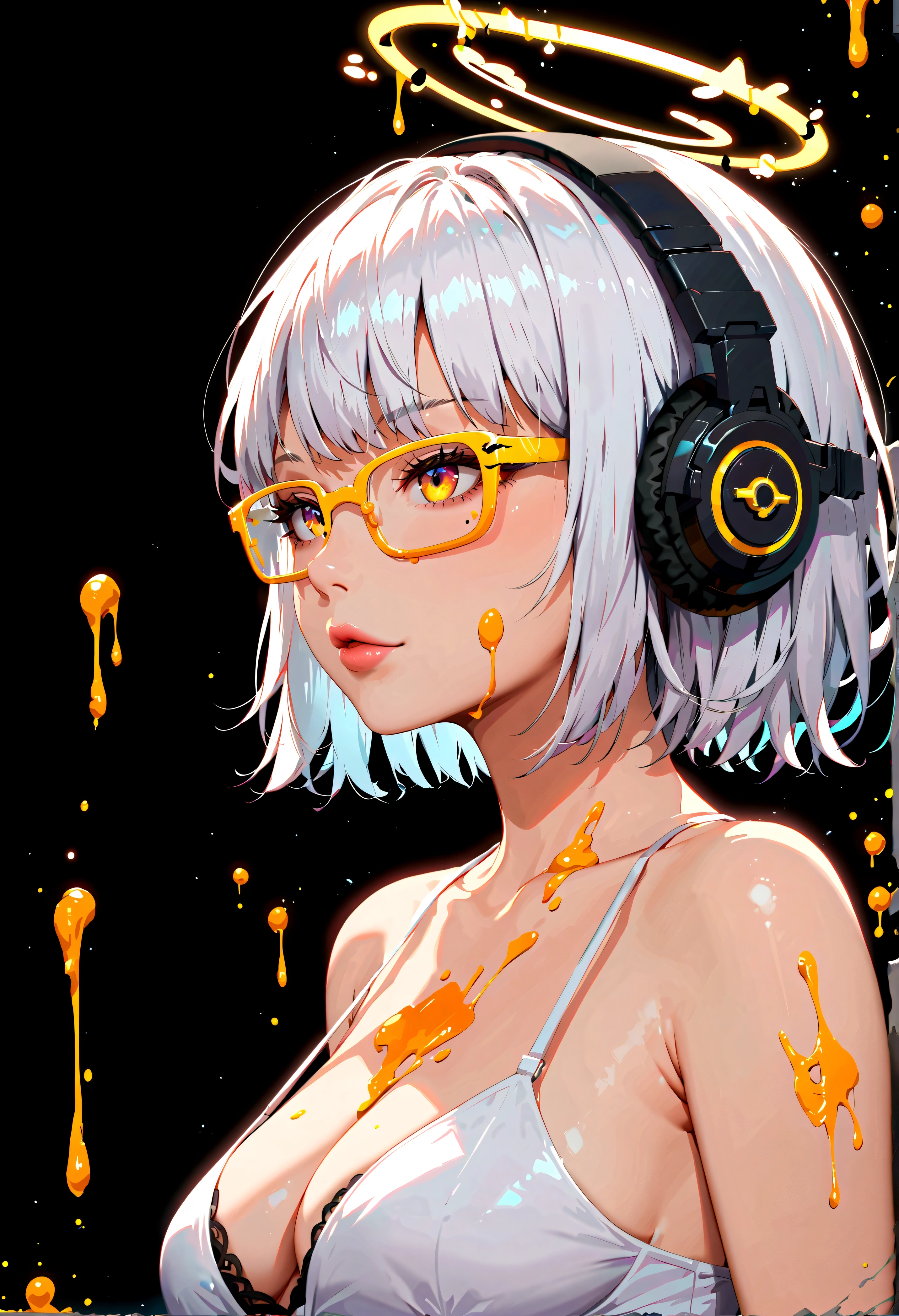 score_9, score_8_up, score_7_up, best quality ,masterpiece, 4k, portrait,  kawaii girl, paint overflowing, (white one-piece dress), wing, feathers, (super very short white hair), Anthem, breaking out of the eternal circle (((yellow glasses:1.3))), underrim_metal, headphones, medium breasts, clavicle, cleavage, halo