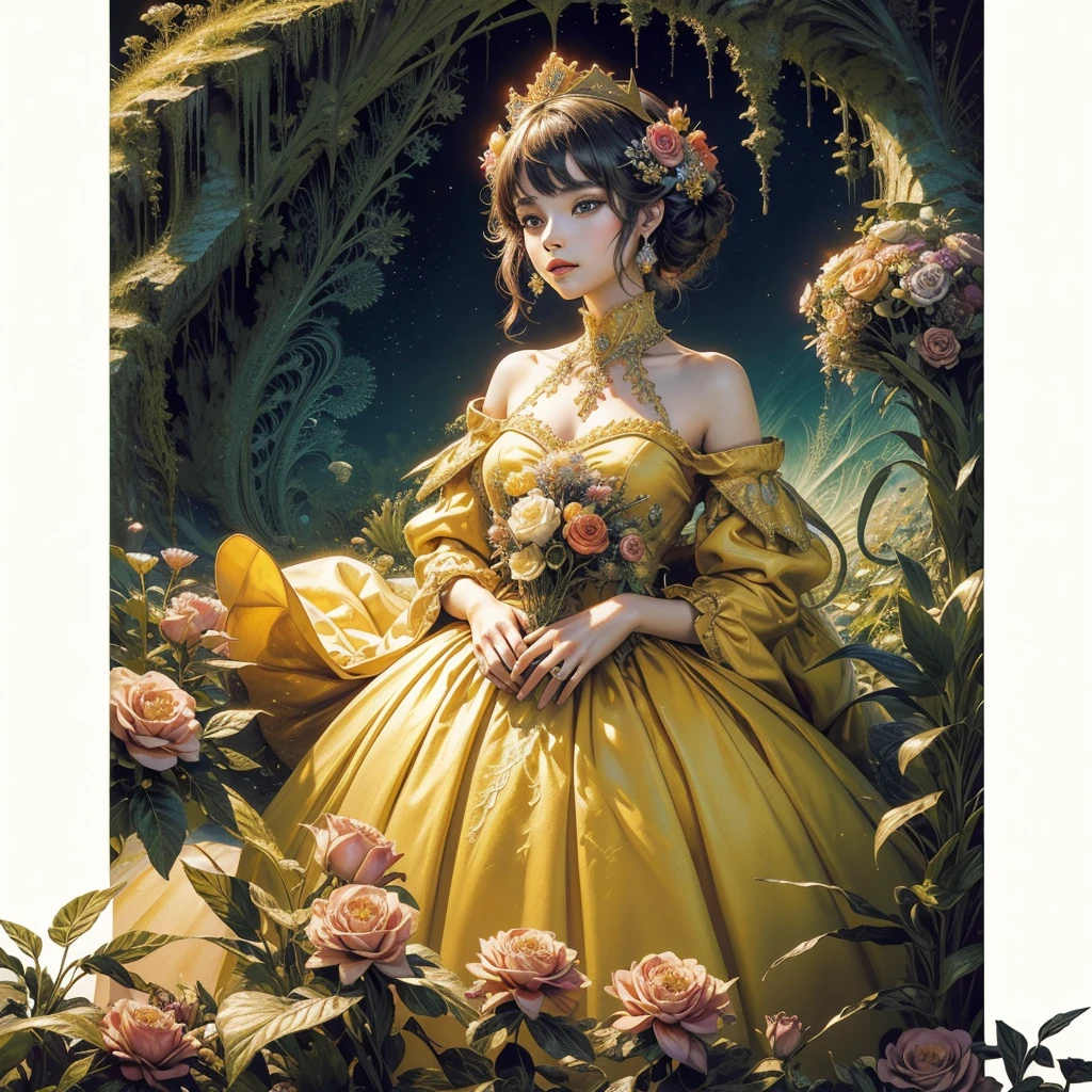(masterpiece, top quality, best quality, official art, beautiful and aesthetic:1.2), (1maturedgirl), cute, extreme detailed,(fractal art:1.3),colorful, highest detailed, royal, princess, crown, flower garden, yellow gown dress