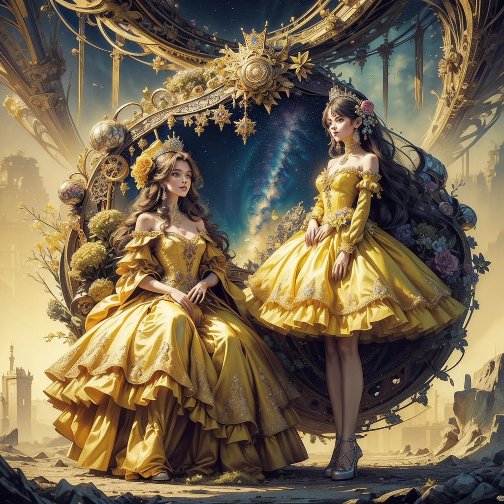 (masterpiece, top quality, best quality, official art, beautiful and aesthetic:1.2), (1maturedgirl), cute, extreme detailed,(fractal art:1.3),colorful, highest detailed, royal, princess, crown, flower garden, yellow gown dress