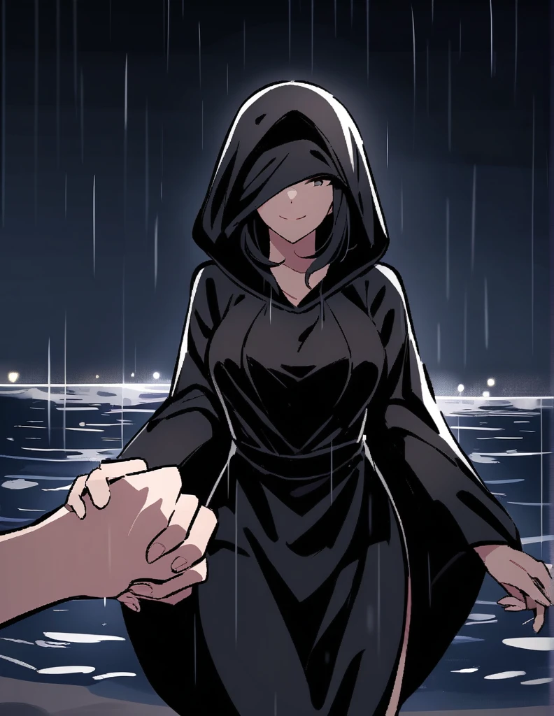 Mysterious Greek milf woman, wearing hoods in a long black tunic, short black hair, with her face covered showing only her mischievous smile, holding out her hand while making a proposal, on a rainy night with the ocean alone
dark and dark background