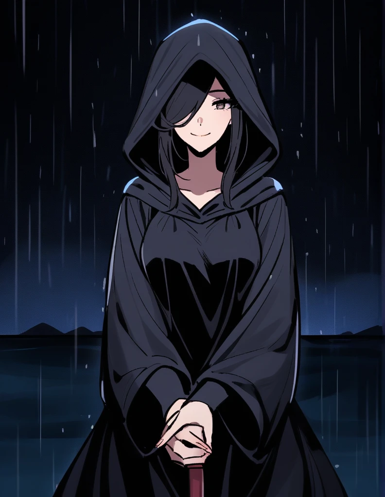 Mysterious Greek milf woman, wearing hoods in a long black tunic, short black hair, with her face covered showing only her mischievous smile, holding out her hand while making a proposal, on a rainy night with the ocean alone
dark and dark background