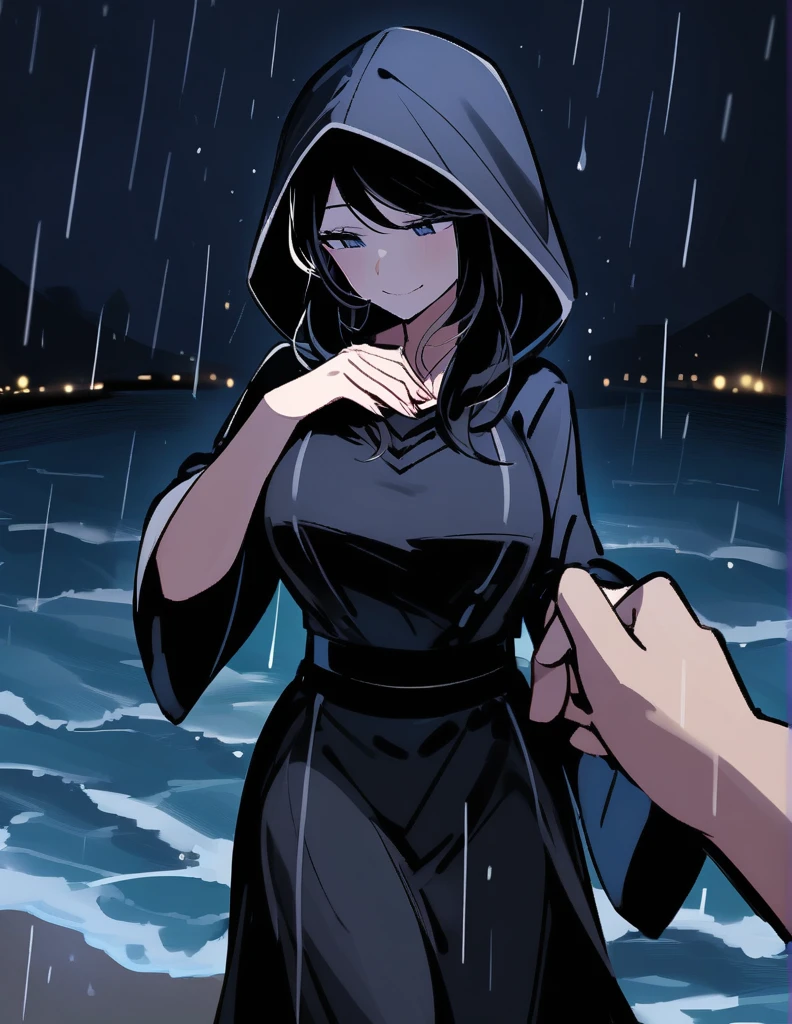 Mysterious Greek milf woman, wearing hoods in a long black tunic, short black hair, with her face covered showing only her mischievous smile, holding out her hand while making a proposal, on a rainy night with the ocean alone
dark and dark background