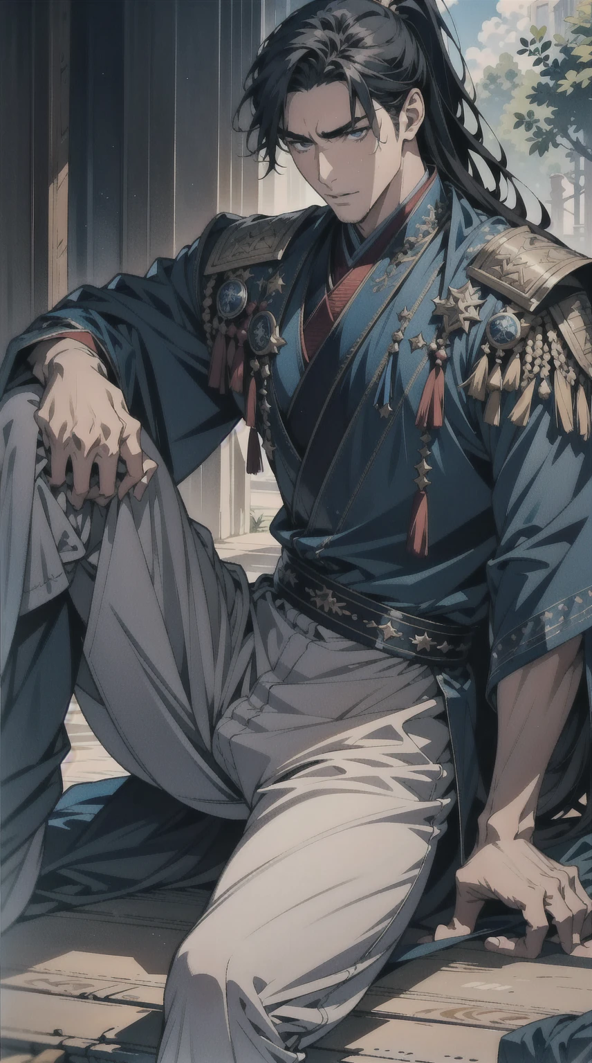 masterpiece，Best quality，illustration，lifelike，Photorealism，Facial details，Official Art，light，Tie military uniform，1 man，Sitting，Close-up of the pants，Crotch angle，solo，hansome，male，[[[［muscle］]],｛No bangs｝，Neat hair，Black hair，Short hair，blue eyes，serious，Looking at the audience，Blue sky，dark clouds，Sunlight
 