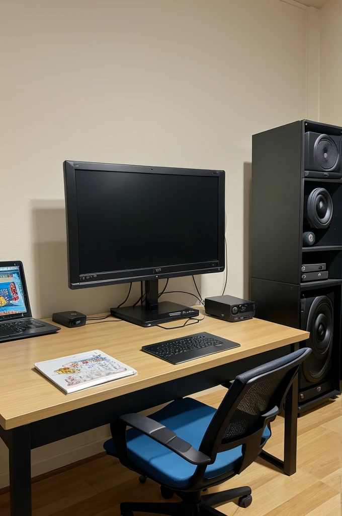A anime cartoon studio with pc and laptop and front of image clean table 