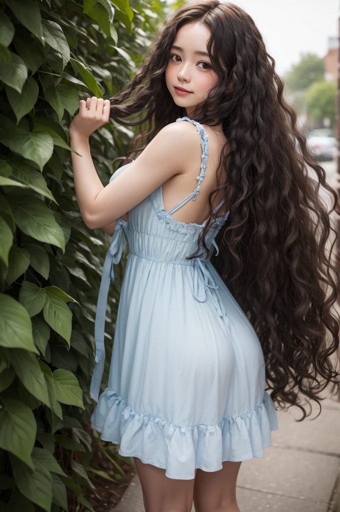 The sadness of playfully with long curly hair and a dress