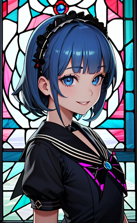 (masterpiece:1.5、Photorealistic:1.4,High Saturation:1.4、high resolution:1.4)、,(spot light:1.2、Exquisite beautiful eye:1.5,)、()、
(kind eyes、tareme:1.4),()、(Cute Face)、(blue hair:1.5)、(middle hair:1.5),(sidelock :1.6),(blunt bangs:1.3),(1 girl)、(blue eyes:1.2)、(upper body:1.5)、(smile:1.5),()、()、() ,(),(small breasts),(),(gothic lolita sailor uniform:1.5),(Stained glass:1.5)、()、()、Slim Body(),Shiny Hair、girl、