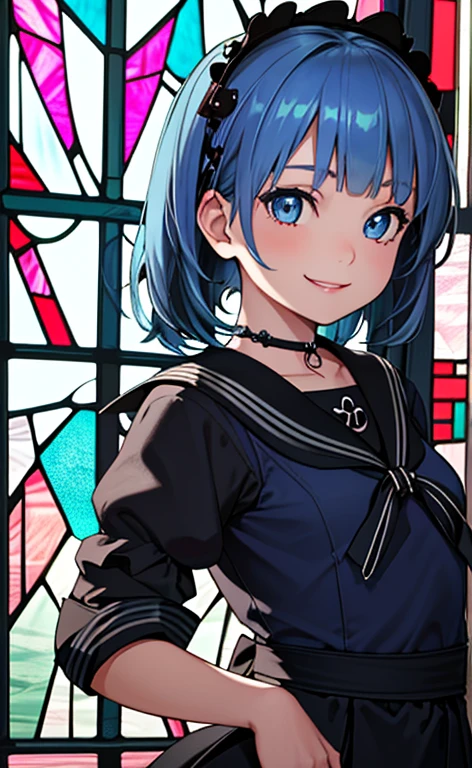 (masterpiece:1.5、Photorealistic:1.4,High Saturation:1.4、high resolution:1.4)、,(spot light:1.2、Exquisite beautiful eye:1.5,)、()、
(kind eyes、tareme:1.4),()、(Cute Face)、(blue hair:1.5)、(middle hair:1.5),(sidelock :1.6),(blunt bangs:1.3),(1 girl)、(blue eyes:1.2)、(upper body:1.5)、(smile:1.5),()、()、() ,(),(small breasts),(),(gothic lolita sailor uniform:1.5),(Stained glass:1.5)、()、()、Slim Body(),Shiny Hair、girl、