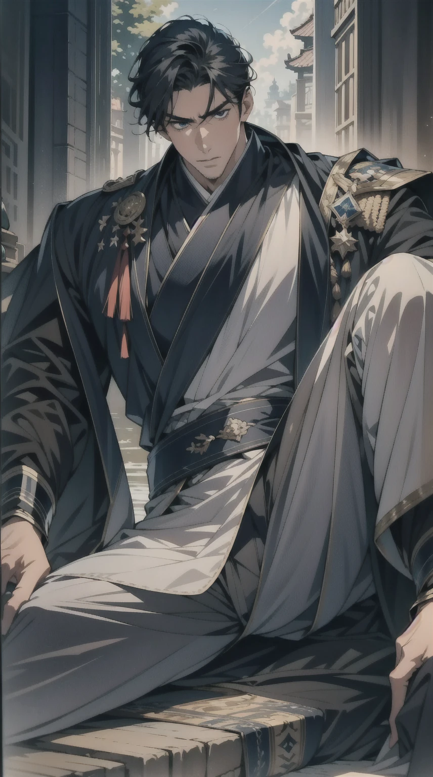 masterpiece，Best quality，illustration，lifelike，Photorealism，Facial details，Official Art，light，Tie military uniform，1 man，Sitting，Close-up of the pants，Crotch angle，solo，hansome，male，[[[［muscle］]],｛No bangs｝，Neat hair，Black hair，Short hair，blue eyes，serious，Looking at the audience，Blue sky，dark clouds，Sunlight
 