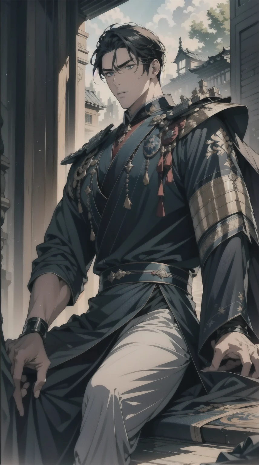 masterpiece，Best quality，illustration，lifelike，Photorealism，Facial details，Official Art，light，Tie military uniform，1 man，Sitting，Close-up of the pants，Crotch angle，solo，hansome，male，[[[［muscle］]],｛No bangs｝，Neat hair，Black hair，Short hair，blue eyes，serious，Looking at the audience，Blue sky，dark clouds，Sunlight
 