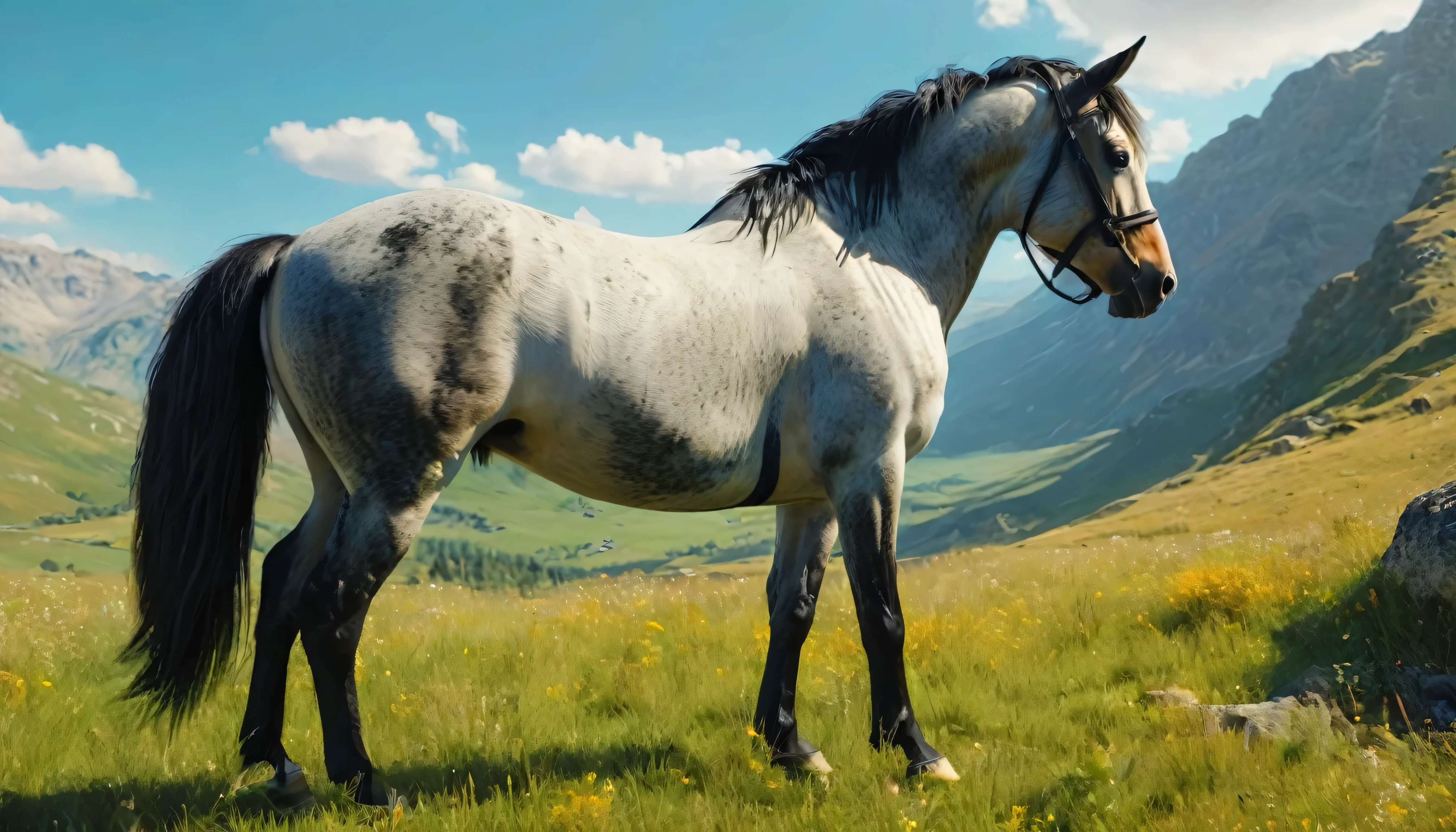 On the endless steppe,((Green steppe)), ((Standing in middle),((There is a sleek, muscular, sturdy, black Percheron horse -Teke horse with glossy, textured fur stands bravely and confidently)), ((Its strong, graceful hooves sink slightly into the grass)),(Vision)),Realism,photography, ((The natural colors of native mountainous region blend with the horizon)), lot of details,8K,high quality, ((Realistic))