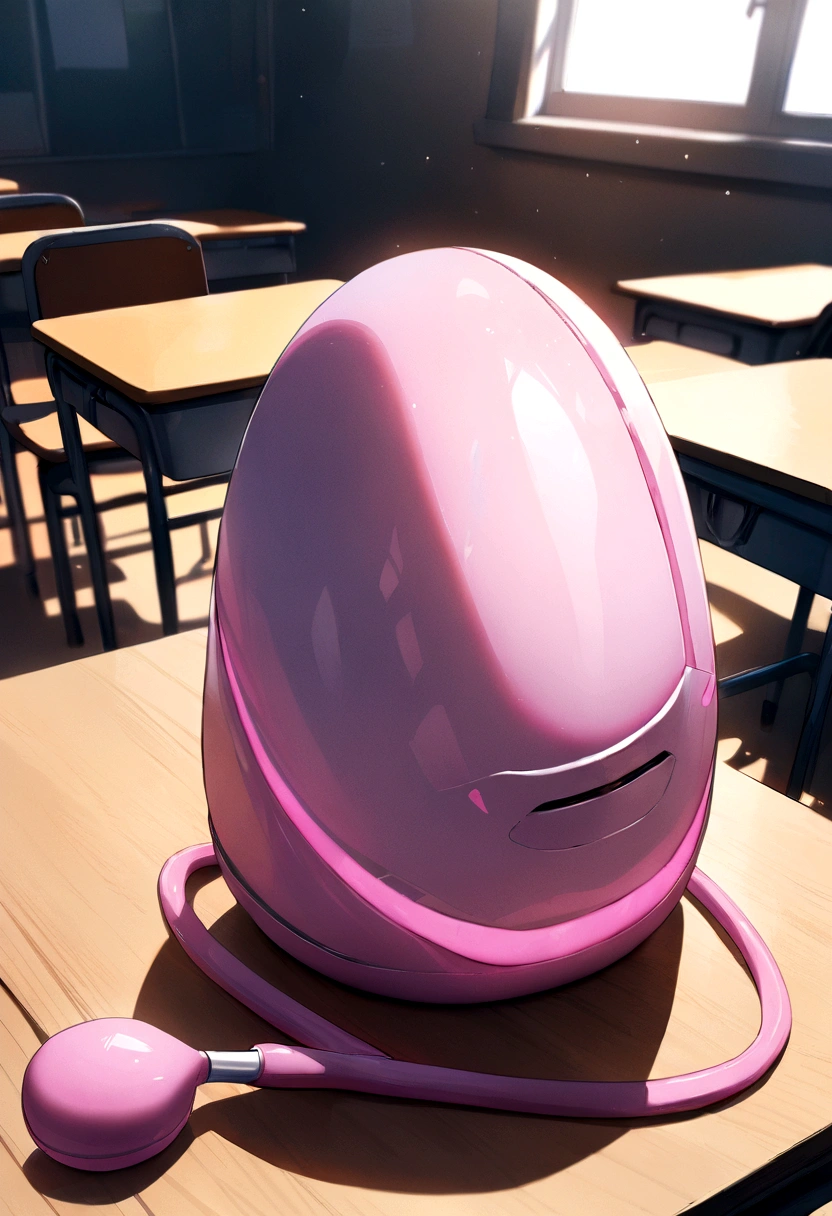 masterpiece、Highest quality、Best image quality、High resolution、Pink electric massager、On a desk in the classroom