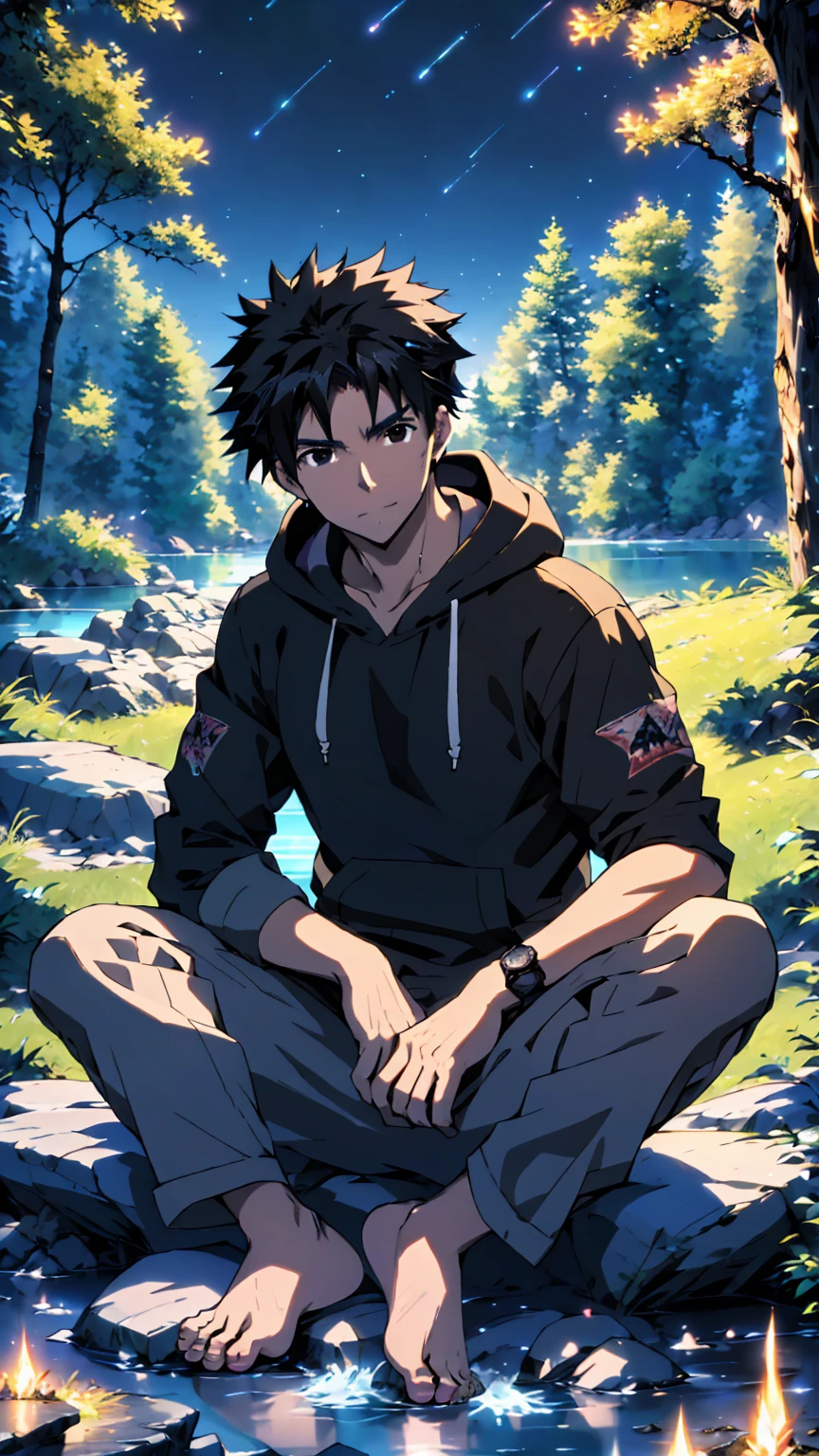 ((Highest quality)), ((masterpiece)), (detailed), Highest quality、High resolution、８K、A plain black hoodie、One adult male、33 years old、Sharp black eyes、Slightly permed black hair、Japanese anime-like style、超High resolutionかわいい萌えアニメ8k、handsome face manly、Slender and muscular、barefoot、sitting on a stone、Spread your legs、night、Forest landscape、lake、darkness、Surrounded by lots of fireflieoonlight