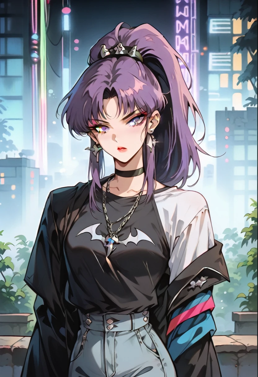Art styles: uncensored, masterpiece, dramatic lighting, 3000K lighting, muted tones, crisp image, clear image, vivid colors, vibrant colors, 1990s \(style\), cinematic, cinematic lighting, retrowave, retro, anime, Vintage, edgPastelGoth; character:manga_darkstalkers_Morrigan_Aensland:0.13; appearance: purple hair, high ponytail hair, purple eyes, (slim body), medium breasts, hourglass figure, soft gradient two-tone hair, makeup, masterpiece; clothing: streetwear-grunge-cyberpunk; composition: cowboy shot; BREAK Accessories: sparkly diamond small earrings; pose: standing, hand on hip; BREAK bg: large illuminated fountain, skyscraper roof, panoramic view, night city, decorations neon lights, translucid lights, dense, green ornamental plant, side lighting;