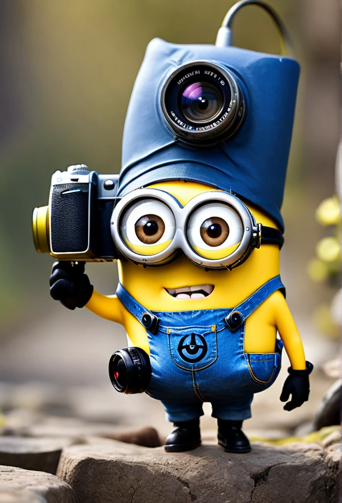 a minion hilding a photo camera