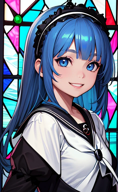 (masterpiece:1.5、Photorealistic:1.4,High Saturation:1.4、high resolution:1.4)、,(spot light:1.2、Exquisite beautiful eye:1.5,)、()、
(kind eyes、tareme:1.4),()、(Cute Face)、(blue hair:1.5)、(middle hair:1.5),(sidelock :1.6),(blunt bangs:1.3),(1 girl)、(blue eyes:1.2)、(upper body:1.5)、(smile:1.5),()、()、() ,(),(small breasts),(),(gothic lolita sailor uniform:1.5),(Stained glass:1.5)、()、()、Slim Body(),Shiny Hair、girl、