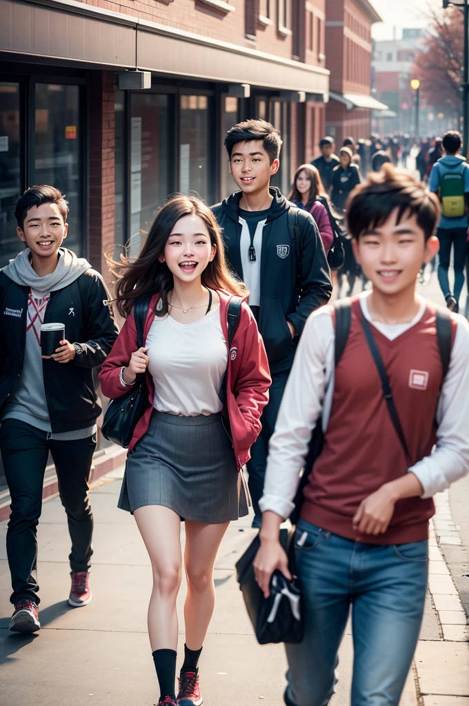 The camera shows a bustling college campus. Students are walking around, chatting, and laughing