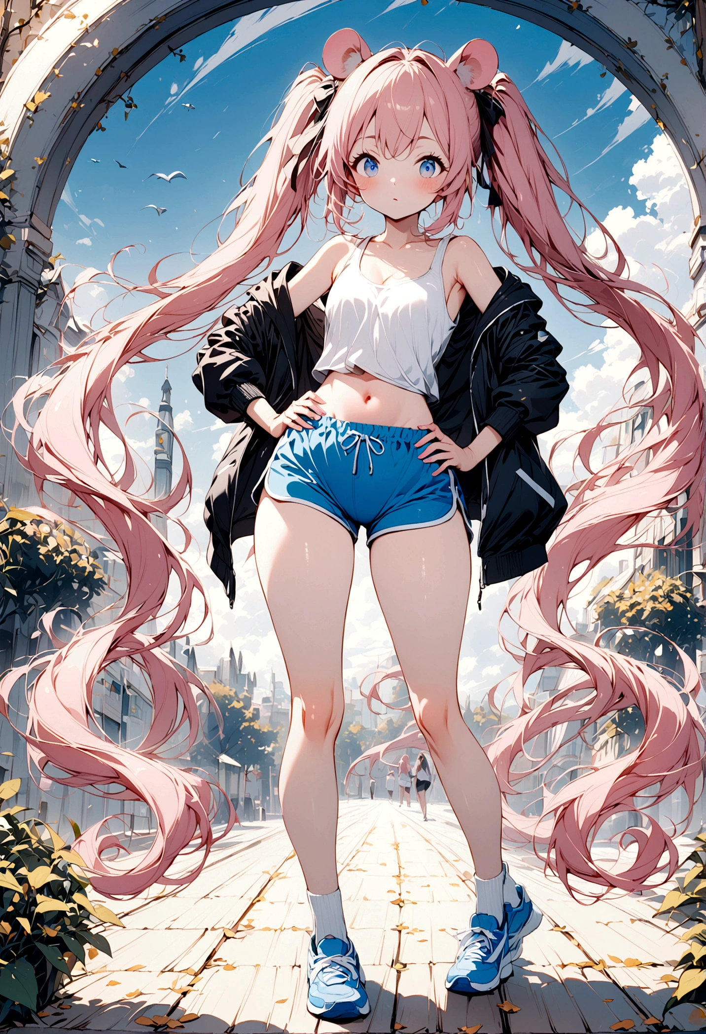 1girl in, Pink twin-tailed hair, blue eyess, a navel, Look at viewers, put hands on the hip, Black jacket, Dolphin Shorts, Rat trail section, (white shirt:1.2), Very long hair, Wide waist,Tank Tops、
Big\(BodyProportions\),