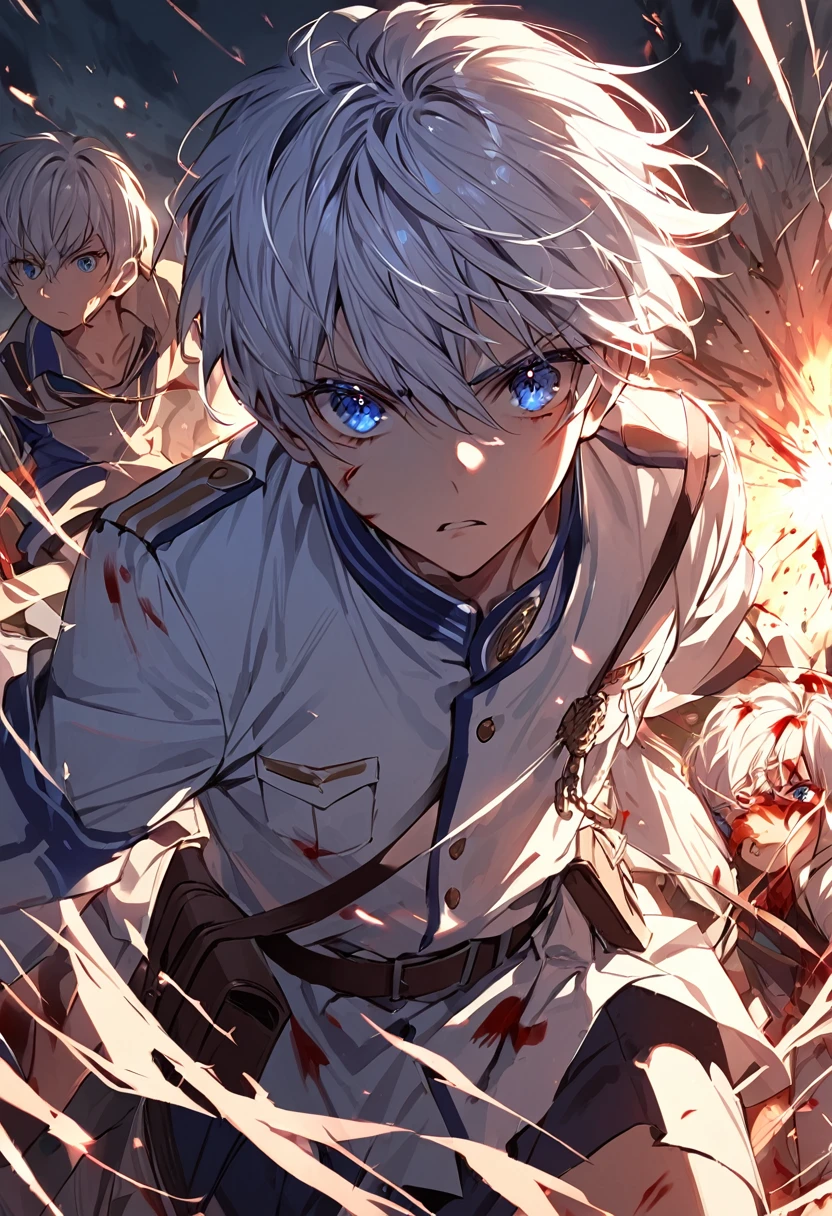 Young male ager, blue eyes, Short white hair, uniform, School, Goa, battle, arms, Bloody, Staring boredly