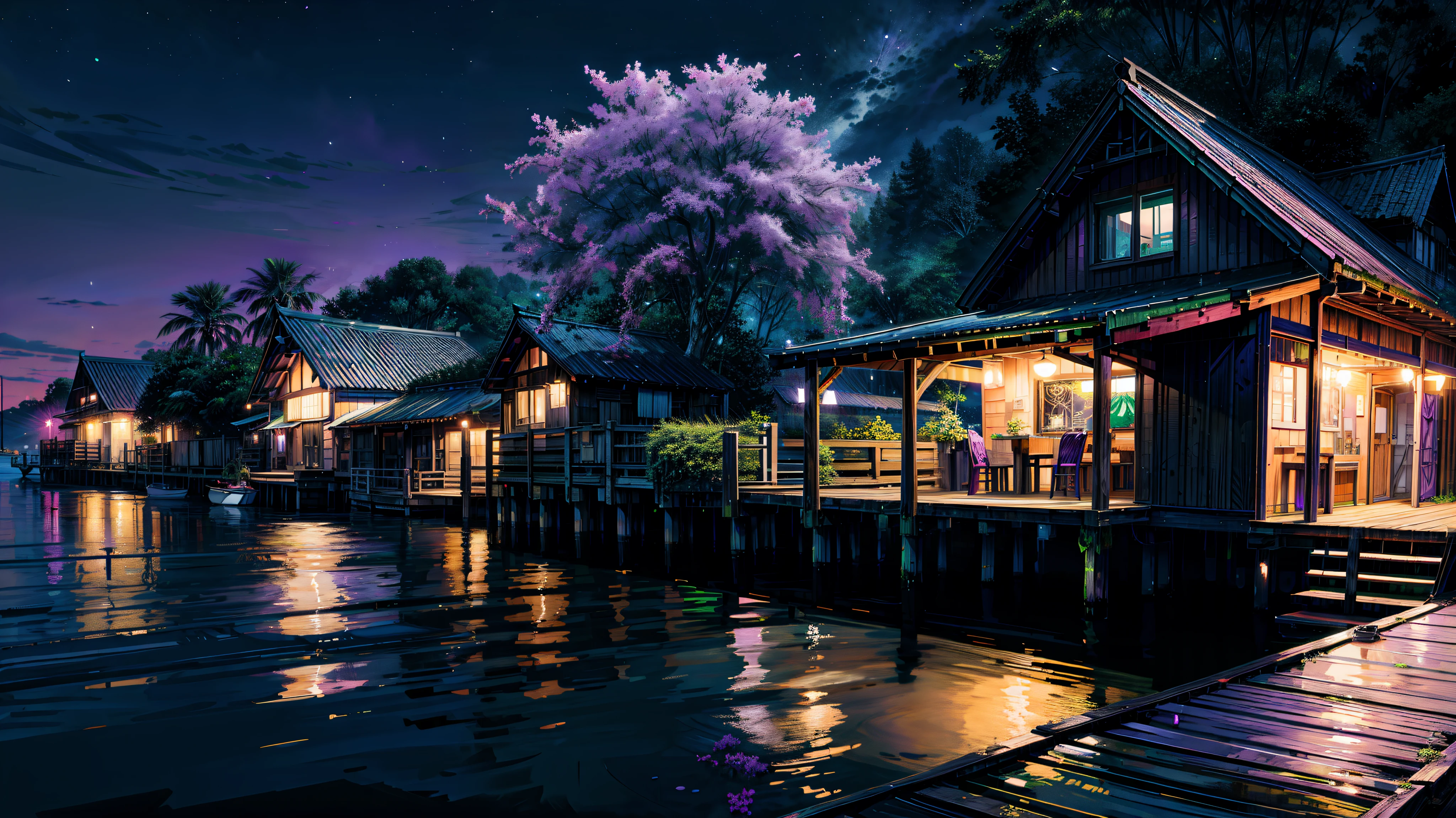 Neon Paintings ((purple ,green )) moonlight,Dock area, Bougainville décor , , moonlight, river, moonlight reflection,Beautiful Art UHD 4K, Beautiful artwork illustration, Beautiful digital painting, Highly detailed digital painting, Beautiful digital art, Detailed painting 4k, Highly detailed digital painting, Rich, picturesque colors, Gorgeous digital painting