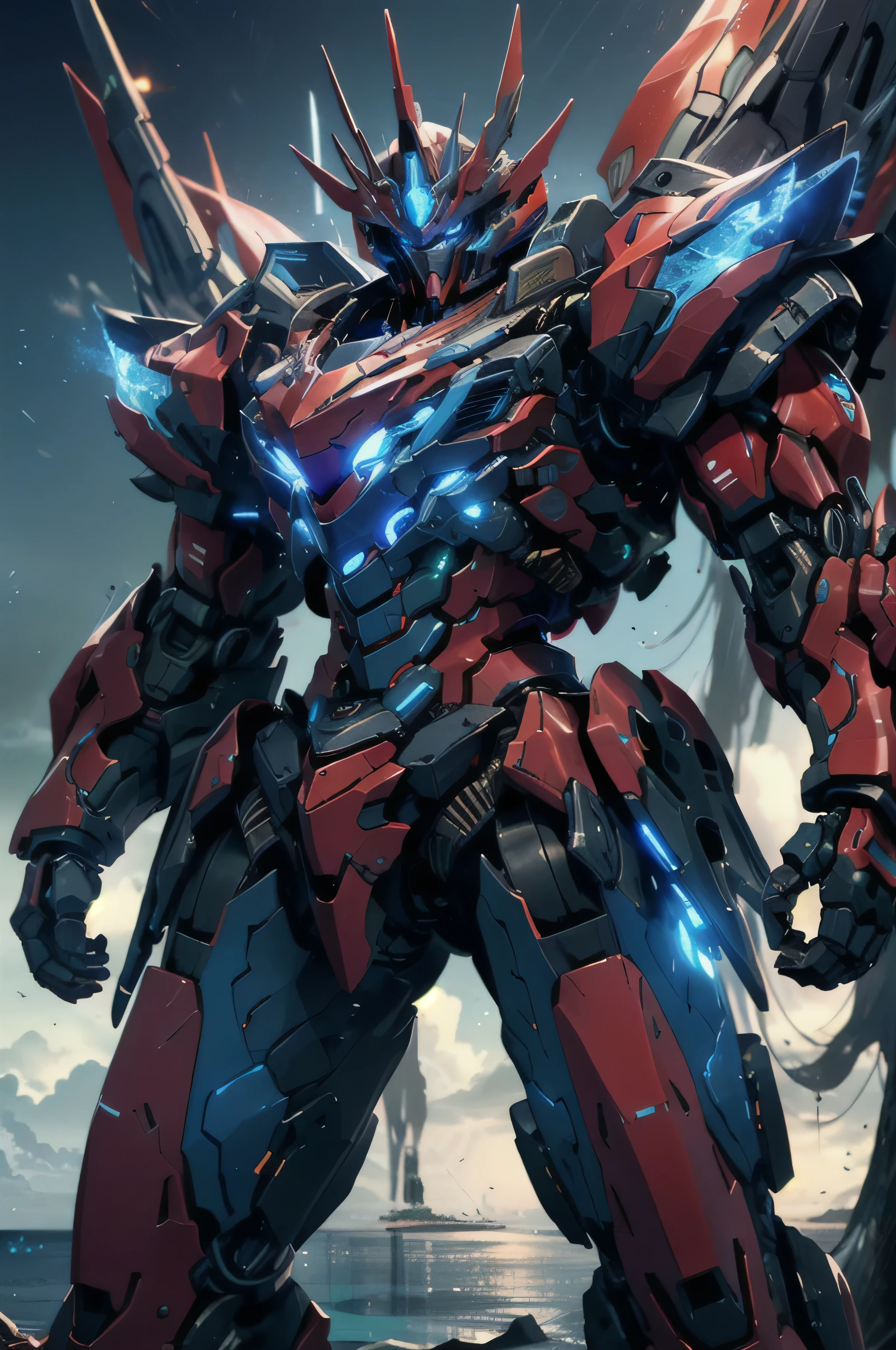 nijimecha,red mech standing in an endless sea,deep sea,mech with heavy armor,thick limbs,energy core,power armor,full armor,best quality,masterpiece,no human being,v-fin,blue theme,