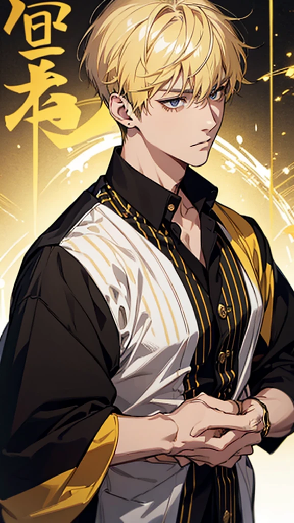 Man, Japanese, university student, short hair, blonde hair, gold ear cuff, yellow and black striped shirt, black wristband, upper body